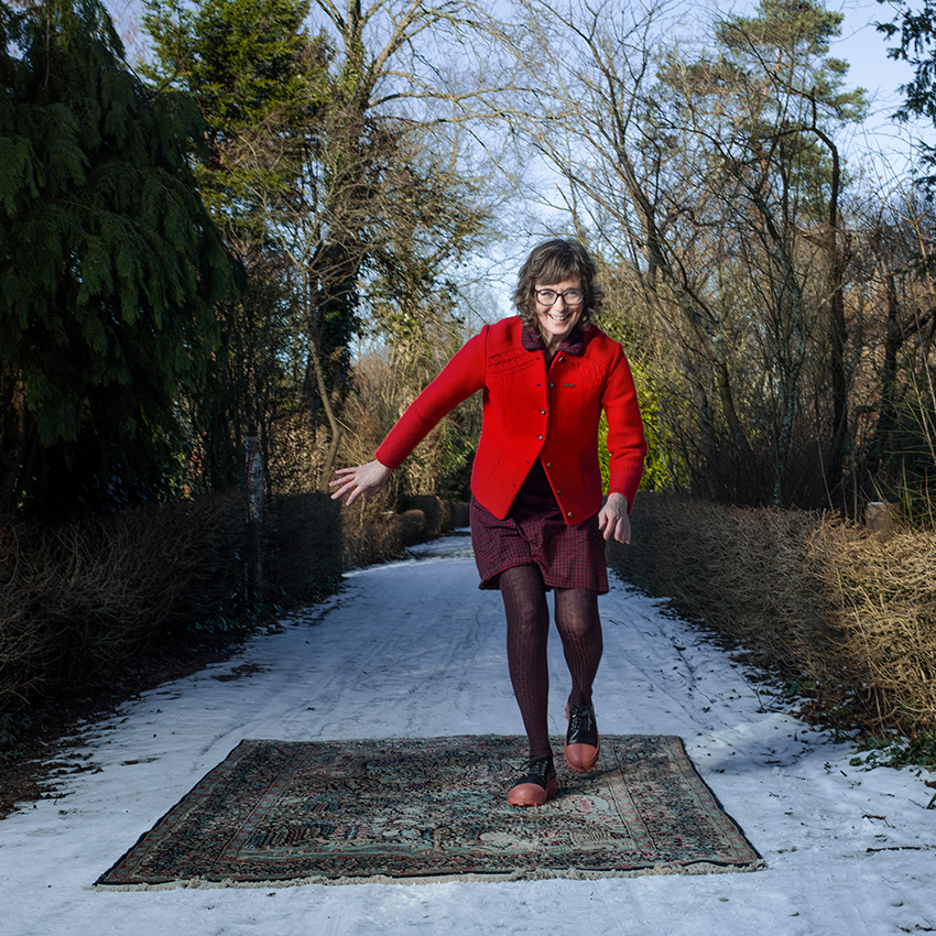 Lucy Lambriex on a Persian rug outdoors