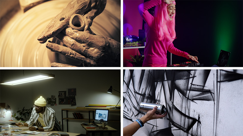 Picture of four artists using different materials, like clay, music, digital design, and graffiti.